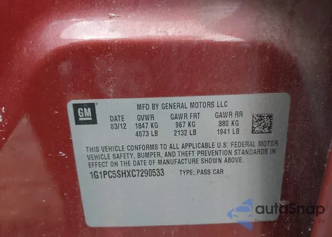 2012 Chevrolet Cruze Ls from USA, damaged, VIN 1G1PC5SHXC7290533